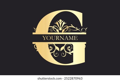 Initial G letter floral Split Letter Monogram,luxury Wedding invitation Monogram Design,gold color on black background