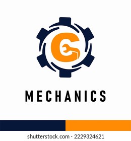 Initial G Letter with Gear and Wrench symbol for mechanic automotive repair business service logo template