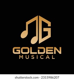 Initial G letter with music vector logo. Golden note logo isolated in black background