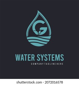 Initial G Letter  With Water Drop And Leaf For Water Drainage, Sanitation, Purified, Repair, Cleanup, Maintenance Water System Service Company Logo Vector Idea