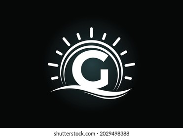 Alfabeto de monograma G inicial con sol y onda abstractos. Diseño del logo de Ocean sun. emblema de letra. Logo vectorial moderno para una empresa, e identidad de la empresa