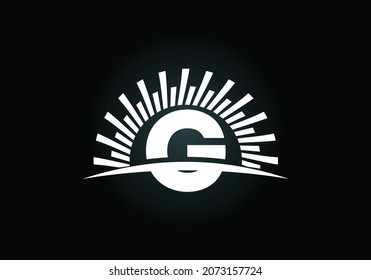 Initial G monogram alphabet with the abstract sun and swoosh. Sunburst logo sign symbol. Modern vector logo for business and company identity