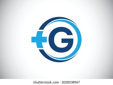 Initial G monogram alphabet in a circle with cross plus. Medical logo design concept. Font emblem. Logo for pharmacy, clinic, medical or healthcare business, and company identity