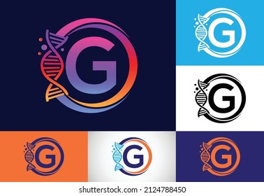 Alfabeto de monograma G inicial en un círculo con ADN. Concepto de diseño del logo genético. Logo para medicina, ciencia, laboratorio, negocios e identidad de la empresa