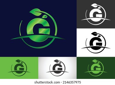 Initial G monogram alphabet with circle leaf and swoosh. Eco-friendly logo concept. Modern vector logo for ecological business and company identity