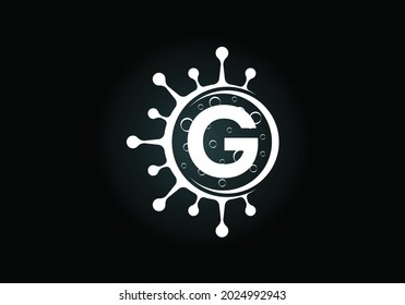 Alfabeto de monograma G inicial con células de coronavirus. Diseñador de símbolos de logotipo de laboratorio vectores Ilustración. emblema de letra. Virus Corona (Covid-19). Detener Coronavirus