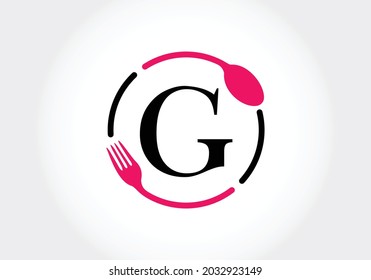 Initial G monogram alphabet with a fork, spoon. Modern vector logo for café, restaurant, cooking business, and company identity