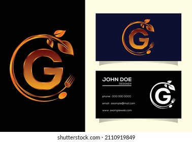 Initial G monogram alphabet with a fork, spoon, and leaf. Healthy natural food logo. Logo for cafe