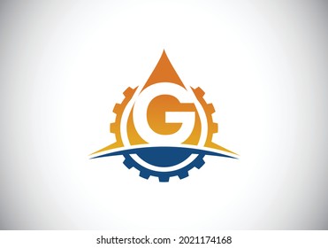 Initial G monogram alphabet with gear swoosh and oil. Oil and gas logo concept. Font emblem. Modern vector logo for petroleum business and company identity