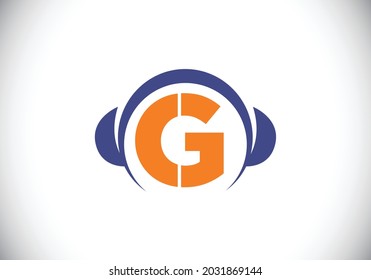 Initial G monogram alphabet with a headphone. Headphone Logo. Music sign symbol. Font emblem. Design element for poster, banner, t-shirt, notebook cover, sticker, greeting card, bag, badge.