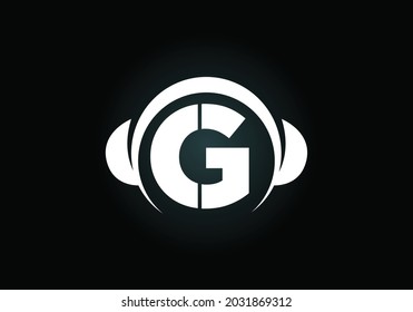 Initial G monogram alphabet with a headphone. Headphone Logo. Music sign symbol. Font emblem. Design element for poster, banner, t-shirt, notebook cover, sticker, greeting card, bag, badge.