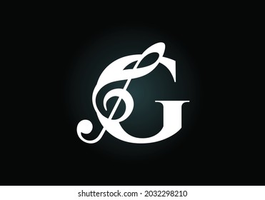 Initial G monogram alphabet with a musical note. Symphony or melody signs. Musical sign symbol. Font emblem. Modern vector logo design template.