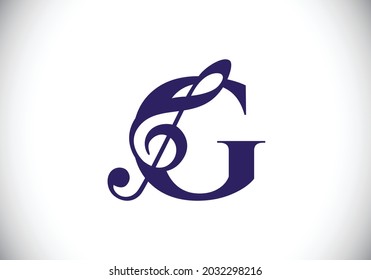 Initial G monogram alphabet with a musical note. Symphony or melody signs. Musical sign symbol. Font emblem. Modern vector logo design template.