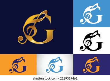 Initial G monogram alphabet with a musical note. Symphony or melody signs. Musical sign symbol.