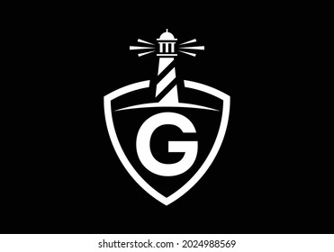 Initial G monogram alphabet in a shield with the lighthouse. Harbor logo. Font emblem. Modern vector lighthouse logo for business, organization, or website