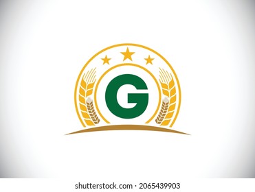 Diseño inicial del símbolo G monograma incorporado con Trigo, cebada o centeno. Concepto de logotipo agrícola. emblema de letra. Logotipo para el negocio agrícola y la identidad de la empresa