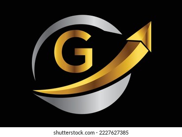Diseño inicial del símbolo del alfabeto en monograma G incorporado con la flecha. Concepto de logotipo financiero o de éxito.