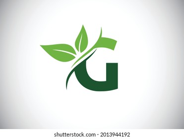 Initial G monogram alphabet with two leaves. Green, eco-friendly logo concept. Modern vector logo for ecological business and company identity