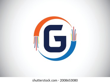 Initial G monogram letter alphabet with electric wire, optical fiber cable. Font emblem. Modern vector logo design for technology labels, electric business, and company identity