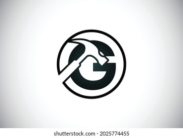 Initiales G-Monogramm-Buchstabenalphabet mit Hammer. Reparatur-, Renovierungs- und Konstruktionslogo. Modernes Vektorlogo für Bauunternehmen und Firmenidentität