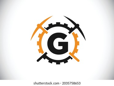 Initial G monogram letter alphabet with pickaxe and gear sign. Mining logo design concept. Modern vector logo for mining business and company identity.