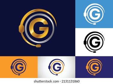 Alfabeto inicial de letra en monograma G y servicio de soporte con auriculares. Logo de auriculares. Consejos de clientes de línea directa, ayuda de centro de llamadas