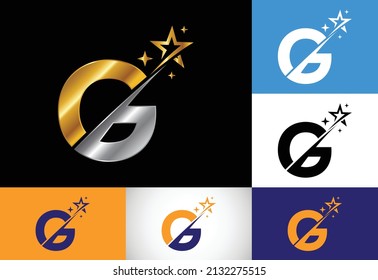 Alfabeto inicial G monograma con icono de símbolo de estrella y swoosh. Resumen del diseño del símbolo del logo de la estrella. Logo vectorial moderno para identidad empresarial y de empresa.