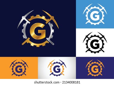 Initial G monogram letter alphabet with pickaxe and gear sign. Mining logo design concept. Modern vector logo for mining business and company identity