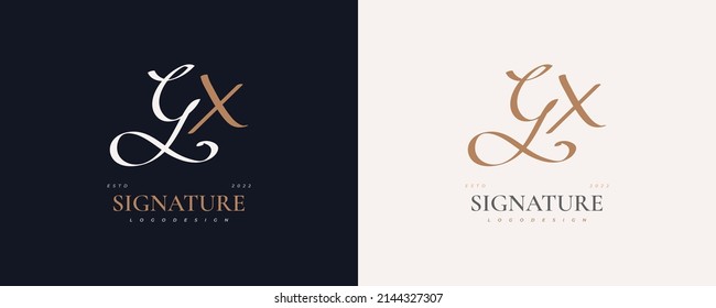 Diseño inicial de los logotipos G y X en estilo elegante y minimalista de escritura a mano. Logo o símbolo GX Signature para matrimonio, moda, joyería, boutique e identidad de negocios