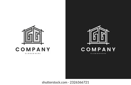 Initial GG home logo with creative house element in line art style vector design template