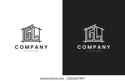 Initial GL home logo with creative house element in line art style vector design template