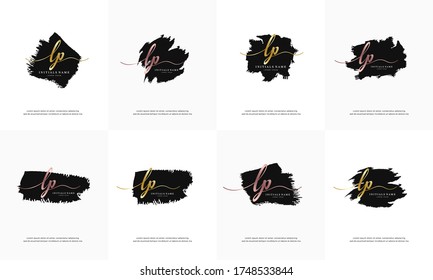 Erstmaliger goldener Buchstabe LP L P handschriftlich Logo-Set Design-Vorlage auf schwarzen Pinsel einzeln auf Weiß.
