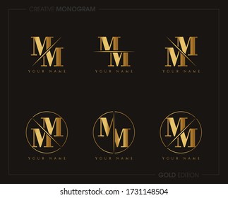 Initial Gold Letter mm Monogram Sliced. Logo template isolated on white background