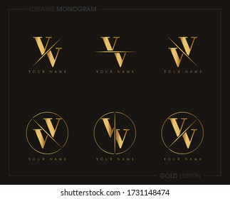 Initial Gold Letter vv Monogram Sliced. Logo template isolated on white background