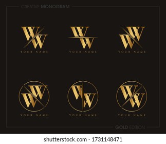 Initial Gold Letter ww Monogram Sliced. Logo template isolated on white background