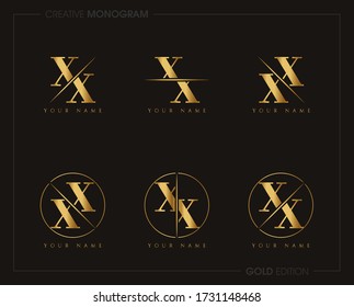 Initial Gold Letter xx Monogram Sliced. Logo template isolated on white background
