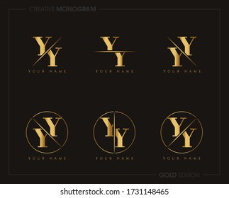 Initial Gold Letter yy Monogram Sliced. Logo template isolated on white background