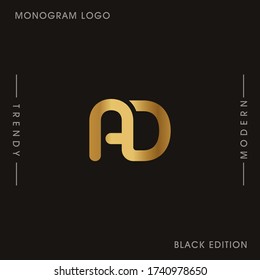 Letras doradas iniciales AD enlazadas con el vector del logotipo del monograma. Monograma del logotipo de negocios dos letras superpuestas dentro del círculo aislado en el fondo negro.
