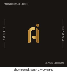Initial Gold letters AI linked monogram logo vector. Business logo monogram two overlap letters inside circle isolated on black background.