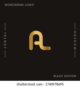 Initial Gold letters AL linked monogram logo vector. Business logo monogram two overlap letters inside circle isolated on black background.