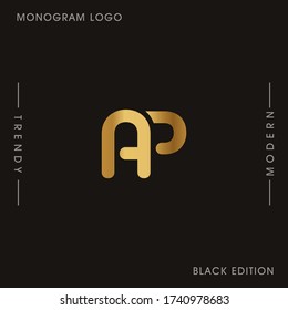 Initial Gold letters AP linked monogram logo vector. Business logo monogram two overlap letters inside circle isolated on black background.