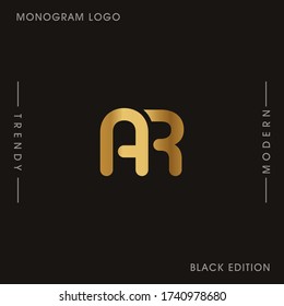 Initial Gold letters AR linked monogram logo vector. Business logo monogram two overlap letters inside circle isolated on black background.