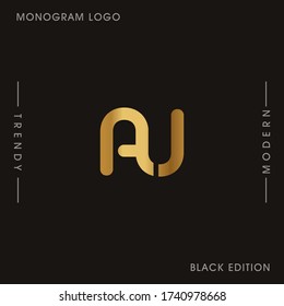 Initial Gold letters AU linked monogram logo vector. Business logo monogram two overlap letters inside circle isolated on black background.