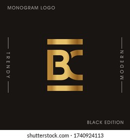 Initial Gold letters BC linked monogram logo vector. Business logo monogram two overlap letters inside circle isolated on black background.