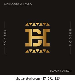 Letras Gold iniciales del vector del logotipo del monograma vinculado a BH. Monograma del logotipo de negocios dos letras superpuestas dentro del círculo aislado en el fondo negro.