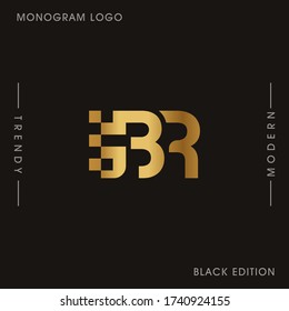 Initial Gold letters BR linked monogram logo vector. Business logo monogram two overlap letters inside circle isolated on black background.