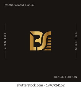 Initial Gold letters BS linked monogram logo vector. Business logo monogram two overlap letters inside circle isolated on black background.