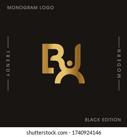 Letras Gold iniciales del vector del logotipo de monograma vinculado a BU. Monograma del logotipo de negocios dos letras superpuestas dentro del círculo aislado en el fondo negro.