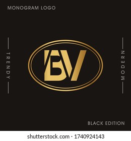 Initial Gold letters BV linked monogram logo vector. Business logo monogram two overlap letters inside circle isolated on black background.