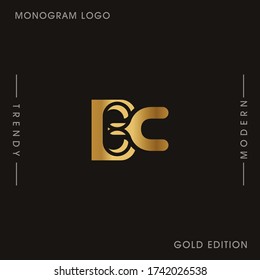 Letras Gold iniciales del vector del logotipo del monograma enlazado por BC. Monograma del logotipo de negocios dos letras superpuestas dentro del círculo aislado en el fondo negro.